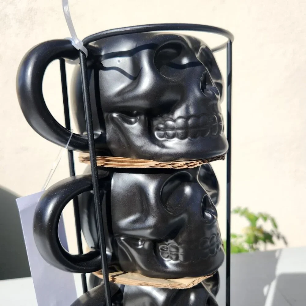 NEW Skull Mug Set of 4 Stackable Mugs Dia De Los Muertos Skulls Halloween Stonew